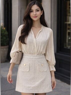Cream Tweed Mini Skirt Gold Button Pockets Parisian Chic Maison d’Amélie Size 8